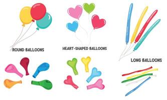 Flying balloon bunch vector set and uninflated balloon vector in cartoon style. Empty balloons collection in different shapes. Flying balloon bunch. Flat vector isolated on white background.