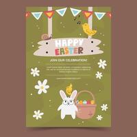 Bunny character design with basket full of Easter eggs. Different chick personages. Holiday and celebration vertical poster. Wishing flyer template. Happy Easter hand drawn flat vector illustration