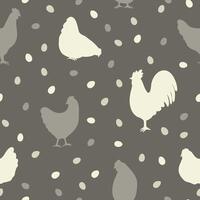 Hen, rooster and eggs silhouette seamless pattern. Simple monochrome design vector