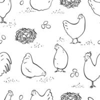 Hand drawn sketch style hen and rooster seamless pattern. Simple black and white background vector