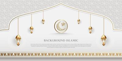 Islamic theme banner background, Arabic pattern ornaments. White color with luxurious gold silhouette. Decoration design element vector