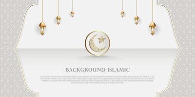 Islamic theme banner background, Arabic pattern ornaments. White color with luxurious gold silhouette. Decoration design element vector