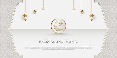 Islamic theme banner background, Arabic pattern ornaments. White color with luxurious gold silhouette. Decoration design element vector