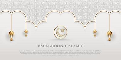 islámico tema bandera fondo, Arábica modelo adornos blanco color con lujoso oro silueta. decoración diseño elemento vector