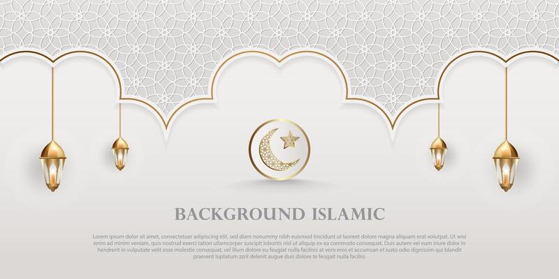 Islamic theme banner background, Arabic pattern ornaments. White color with luxurious gold silhouette. Decoration design element