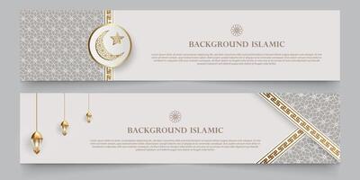 Islamic theme banner background, Arabic pattern ornaments. White color with luxurious gold silhouette. Decoration design element vector