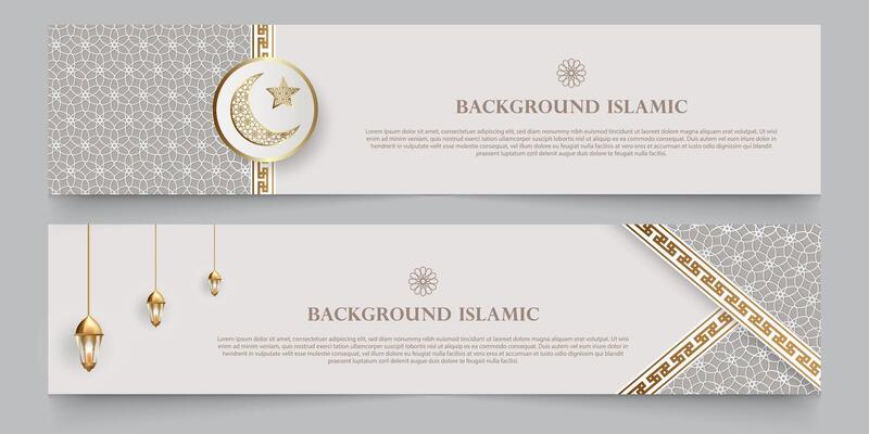 Islamic theme banner background, Arabic pattern ornaments. White color with luxurious gold silhouette. Decoration design element