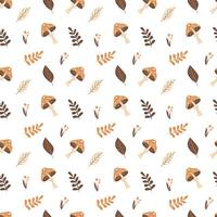 Autumn seamless pattern with leaves and mushrooms on a white background. Pattern for fabric, wrapping paper, textile, wallpaper and clothing. Vector illustration