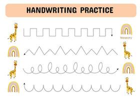 Sheet for handwriting with cute giraffes and rainbows. Children's educational game. Drawing lines. early education worksheet for children. vector