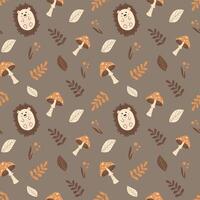 Autumn seamless pattern with cute hedgehogs, leaves and mushrooms on a brown background. Pattern for fabric, wrapping paper, textile, wallpaper and clothing. Vector illustration