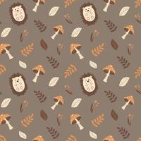 Autumn seamless pattern with cute hedgehogs, leaves and mushrooms on a brown background. Pattern for fabric, wrapping paper, textile, wallpaper and clothing. Vector illustration