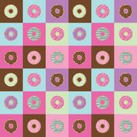 Seamless trendy pattern with different donuts on a square background. Pattern for children's clothes, tablecloths, packaging. Vector illustration