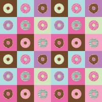 Seamless trendy pattern with different donuts on a square background. Pattern for children's clothes, tablecloths, packaging. Vector illustration