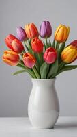 AI generated Photo Of Set Of Colorful Tulips Flowers Bouquet Of Colorful Tulips In A White Vase Colorful Tulip Close Up Isolated On A White Background. AI Generated