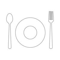 Vector Spoon, fork and plate  continuous one line drawing on white background stock illustration