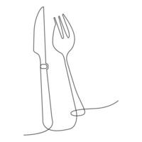 Vector fork, knife continuous one line drawing on white background stock illustration