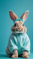 AI generated Photo Of Rabbit In A Bunny Suit Turquoise Background With Space. AI Generated
