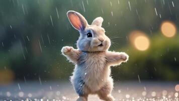 AI generated Photo Of Dancing Bunny In Watercolor Rain Whimsical Raindrops Playful Splashes Digital Illustration. AI Generated