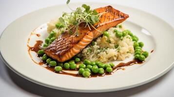 AI generated Salmon with rice and peas on a plate photo