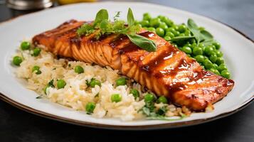 AI generated Salmon with rice and peas on a plate photo