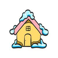 House with snow icon in hand drawn color vector illustration