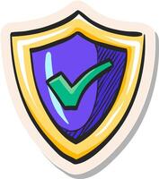 Hand drawn Shield icon with check mark in sticker style vector illustration