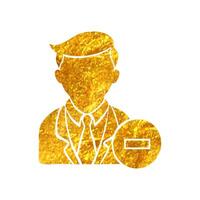 Hand drawn Businessman with minus sign icon in gold foil texture vector illustration