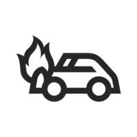 Car on fire icon in thick outline style. Black and white monochrome vector illustration.