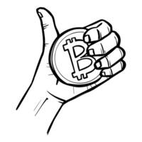 Hand holding bitcoin coin and gesturing thumb up. Hand drawn vector illustration.