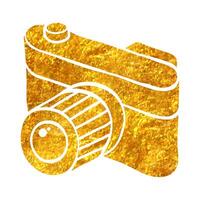 Hand drawn Range finder camera icon in gold foil texture vector illustration