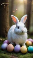 ai generado foto de encantado Pascua de Resurrección bosque caprichoso blanco conejito en medio de un mágico relleno de huevo est. ai generado