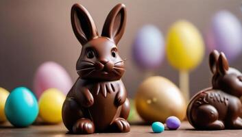 AI generated Photo Of Chocolate Easter Bunny Children With Different Small Sweets Nearby Easter Celebration Day Banner With. AI Generated