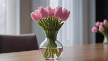 AI generated Photo Of Elegant Interior Glass Vase With Pink Tulip Bouquet On Table Stylish Home Decor. AI Generated