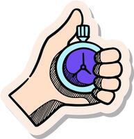 Hand drawn sticker style Hand holding stopwatch icon vector illustration