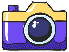 Camera icon in hand drawn color vector illustration