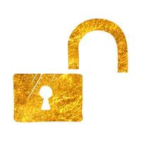 Hand drawn Padlock unlocked icon in gold foil texture vector illustration