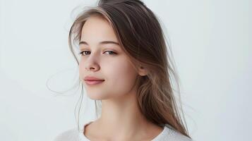 AI generated Headshot Portrait of happy girl with freckles smiling looking at camera. White background photo