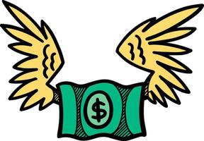 Hand drawn green flying dollar note icon color vector illustration