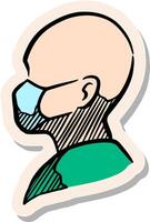 Hand drawn human head figure wearing medical face mask in sticker style vector illustration