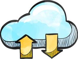 Cloud icon with arrows in color drawing. Computing data storage file hosting vector