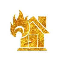 Hand drawn House fire icon in gold foil texture vector illustration