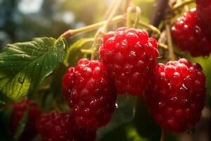 ai generado maduro rasberry colgando en el arbusto, de cerca, natural antecedentes foto