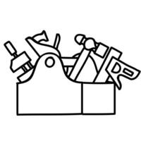 Tools in wooden toolbox icon. Hand drawn vector illustration. Editable line stroke