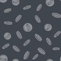 Bitcoin seamless background black and white. Hand drawn vector illustration.