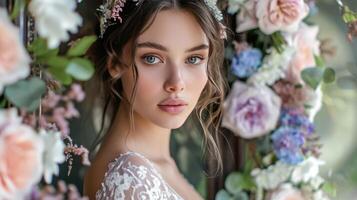 AI generated Young bride in wedding dress flower background closeup photo