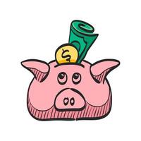 Coin piggy bank icon in hand drawn color vector illustration