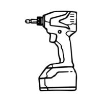Cordless electric drill icon. Woodworking tool. Hand drawn vector illustration.