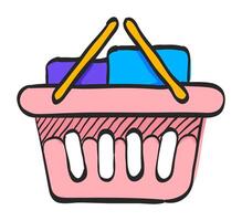 Shopping basket icon in hand drawn color vector illustration