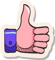Hand drawn Thumb up hand icon in sticker style vector illustration