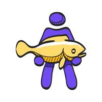 Man holding fish icon in hand drawn color vector illustration